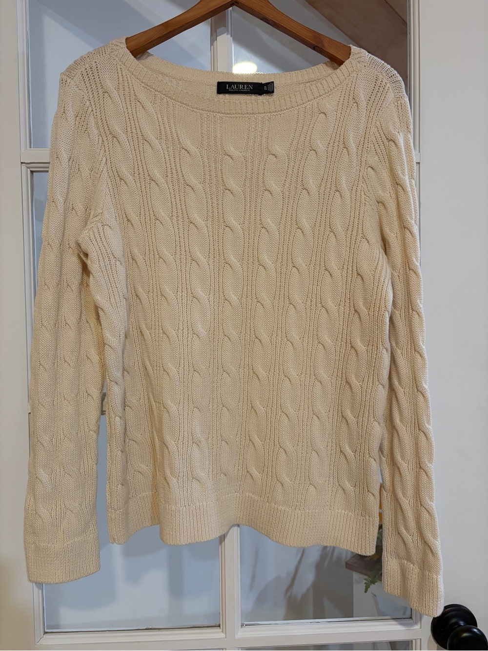Lauren Ralph Lauren Cream Cable Knit Boatneck Sweater Braided Knit Preppy XL